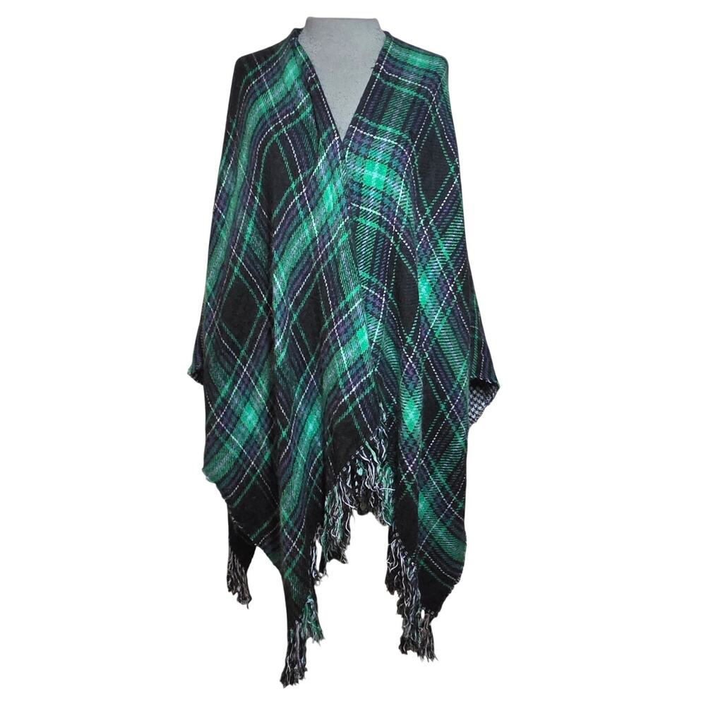 Loft Plaid Fring Poncho One Size